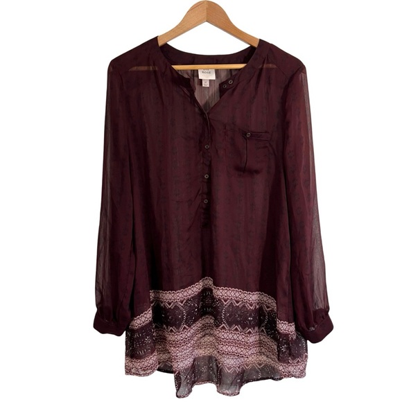 Knox Rose Tops - Knox Rose Boho Tunic Top Size 1X Maroon Sheer Collarless Long Sleeve Henley